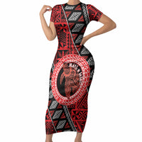 Personalised Tonga Language Week Short Sleeve Bodycon Dress Heilala Turtle Malo E Lelei LT22 Long Dress Red - Polynesian Pride