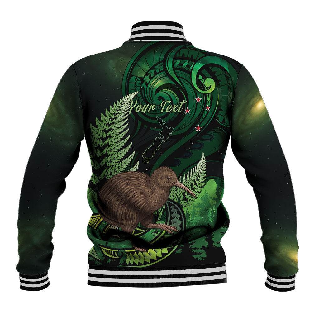 Kiwi New Zealand Personalised Baseball Jacket Aotearoa Map Silver Fern Koru Pattern