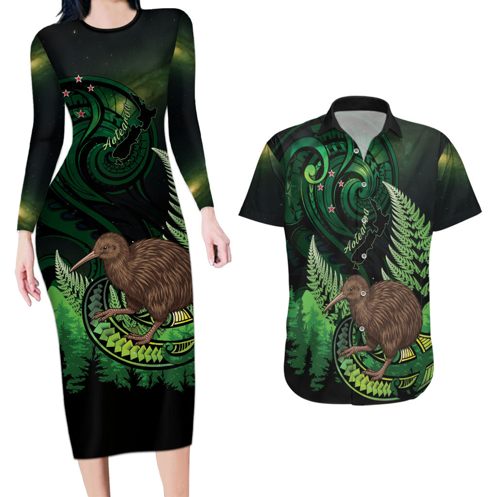 Kiwi New Zealand Personalised Couples Matching Long Sleeve Bodycon Dress and Hawaiian Shirt Aotearoa Map Silver Fern Koru Pattern LT22 Green - Polynesian Pride