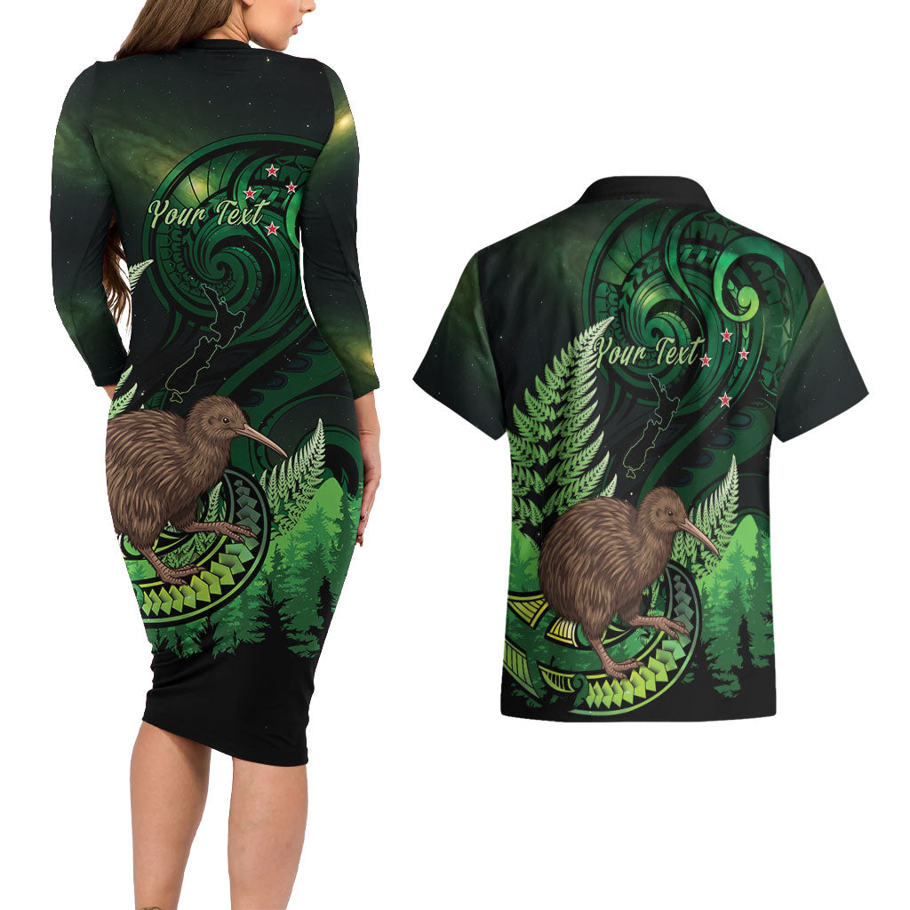 Kiwi New Zealand Personalised Couples Matching Long Sleeve Bodycon Dress and Hawaiian Shirt Aotearoa Map Silver Fern Koru Pattern LT22 - Polynesian Pride