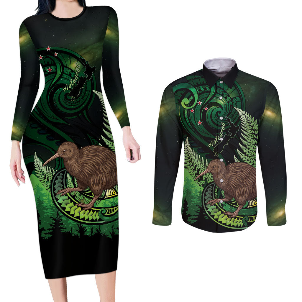 Kiwi New Zealand Personalised Couples Matching Long Sleeve Bodycon Dress and Long Sleeve Button Shirt Aotearoa Map Silver Fern Koru Pattern LT22 Green - Polynesian Pride