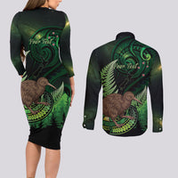 Kiwi New Zealand Personalised Couples Matching Long Sleeve Bodycon Dress and Long Sleeve Button Shirt Aotearoa Map Silver Fern Koru Pattern LT22 - Polynesian Pride