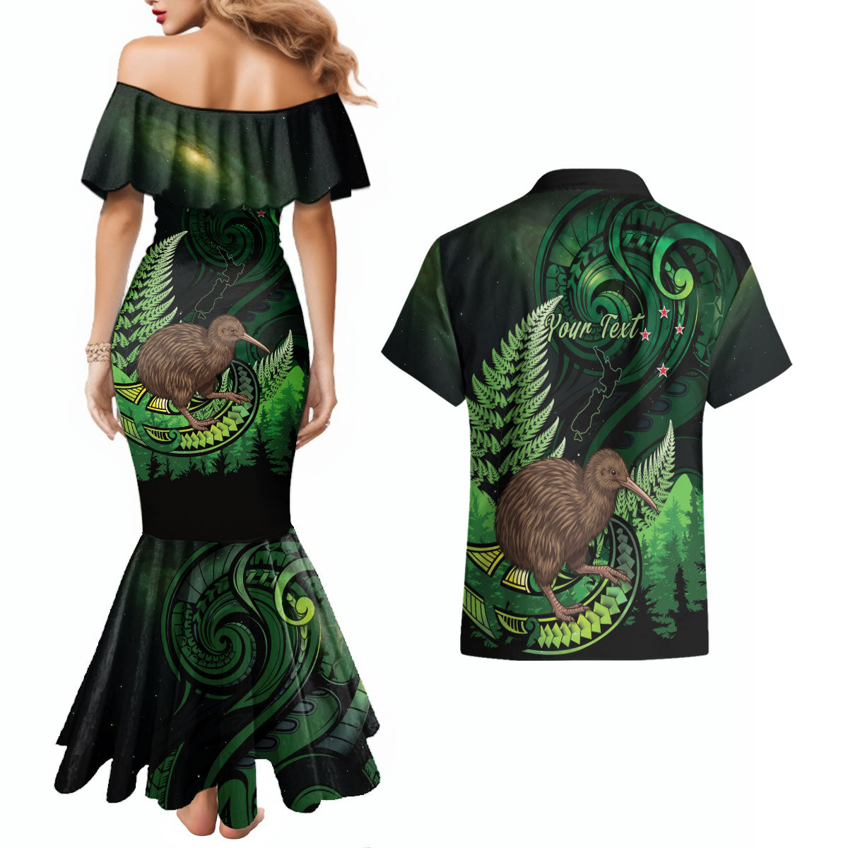 Kiwi New Zealand Personalised Couples Matching Mermaid Dress and Hawaiian Shirt Aotearoa Map Silver Fern Koru Pattern LT22 - Polynesian Pride