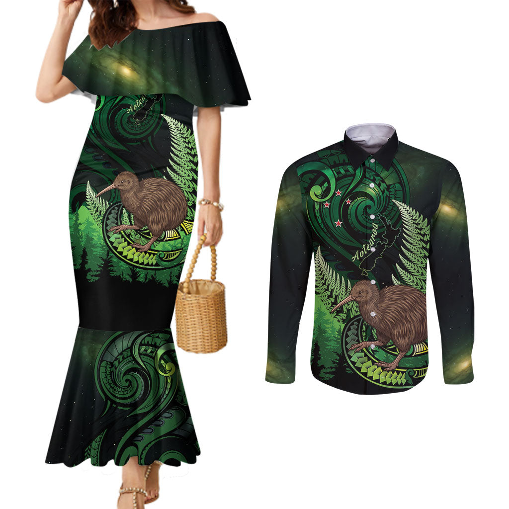 Kiwi New Zealand Personalised Couples Matching Mermaid Dress and Long Sleeve Button Shirt Aotearoa Map Silver Fern Koru Pattern LT22 Green - Polynesian Pride