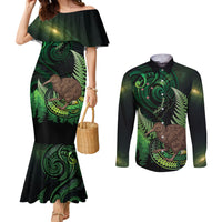 Kiwi New Zealand Personalised Couples Matching Mermaid Dress and Long Sleeve Button Shirt Aotearoa Map Silver Fern Koru Pattern LT22 Green - Polynesian Pride