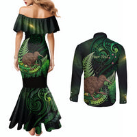 Kiwi New Zealand Personalised Couples Matching Mermaid Dress and Long Sleeve Button Shirt Aotearoa Map Silver Fern Koru Pattern LT22 - Polynesian Pride