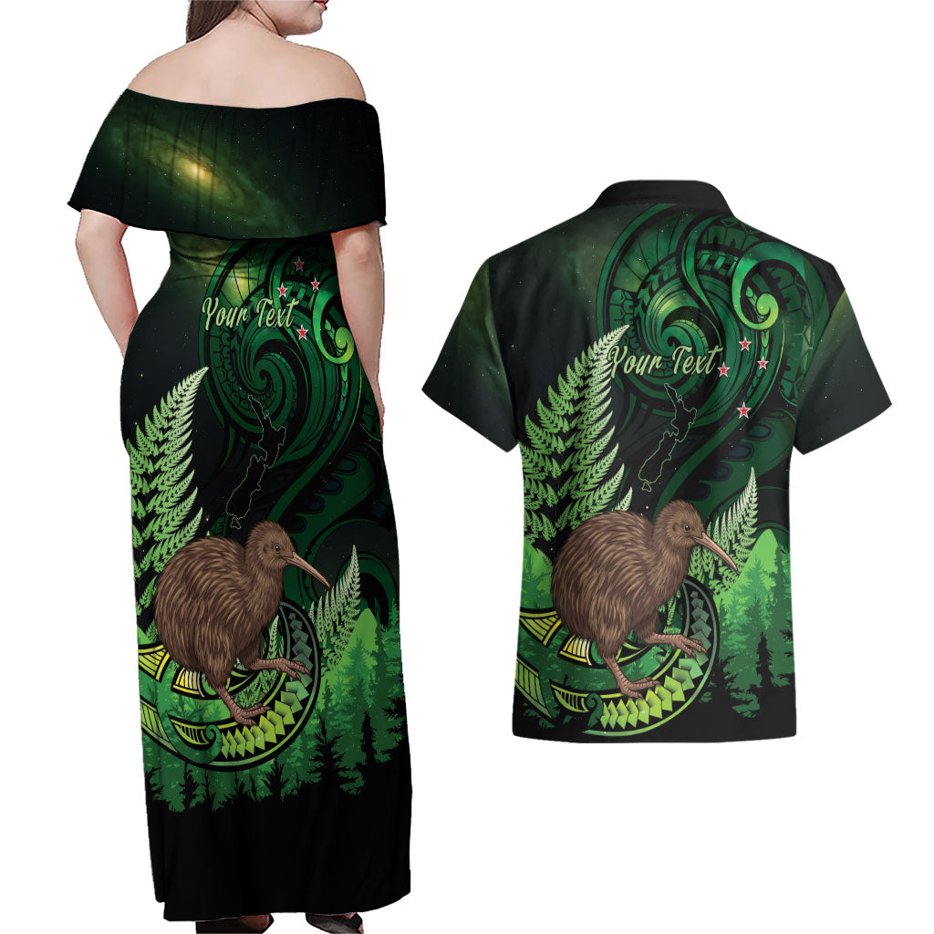 Kiwi New Zealand Personalised Couples Matching Off Shoulder Maxi Dress and Hawaiian Shirt Aotearoa Map Silver Fern Koru Pattern LT22 - Polynesian Pride