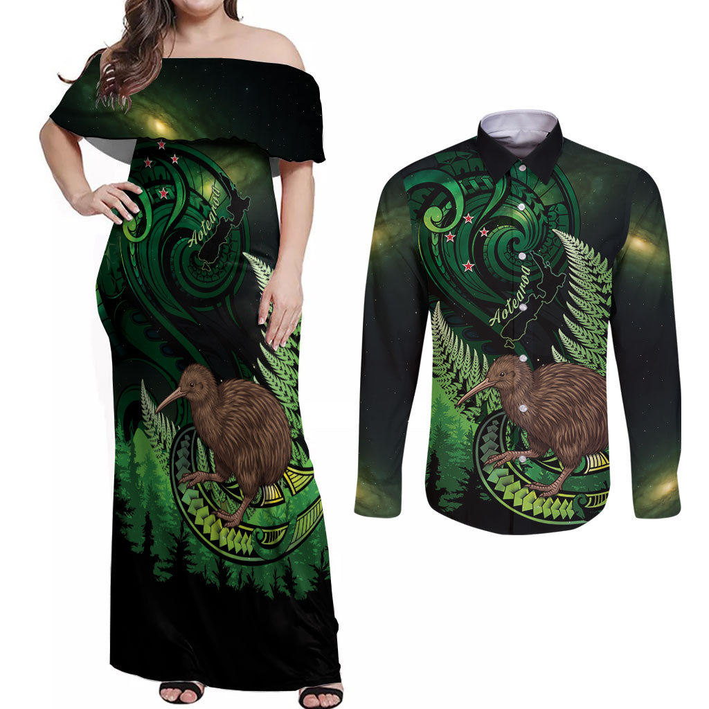 Kiwi New Zealand Personalised Couples Matching Off Shoulder Maxi Dress and Long Sleeve Button Shirt Aotearoa Map Silver Fern Koru Pattern LT22 Green - Polynesian Pride