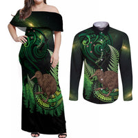 Kiwi New Zealand Personalised Couples Matching Off Shoulder Maxi Dress and Long Sleeve Button Shirt Aotearoa Map Silver Fern Koru Pattern LT22 Green - Polynesian Pride
