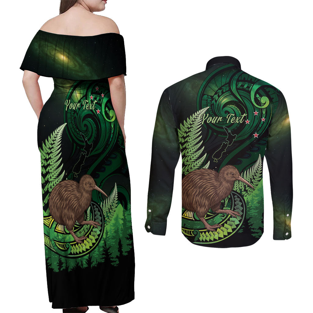 Kiwi New Zealand Personalised Couples Matching Off Shoulder Maxi Dress and Long Sleeve Button Shirt Aotearoa Map Silver Fern Koru Pattern LT22 - Polynesian Pride