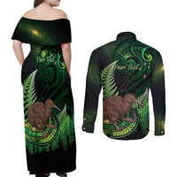 Kiwi New Zealand Personalised Couples Matching Off Shoulder Maxi Dress and Long Sleeve Button Shirt Aotearoa Map Silver Fern Koru Pattern LT22 - Polynesian Pride