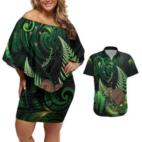 Kiwi New Zealand Personalised Couples Matching Off Shoulder Short Dress and Hawaiian Shirt Aotearoa Map Silver Fern Koru Pattern LT22 Green - Polynesian Pride