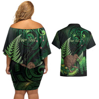 Kiwi New Zealand Personalised Couples Matching Off Shoulder Short Dress and Hawaiian Shirt Aotearoa Map Silver Fern Koru Pattern LT22 - Polynesian Pride