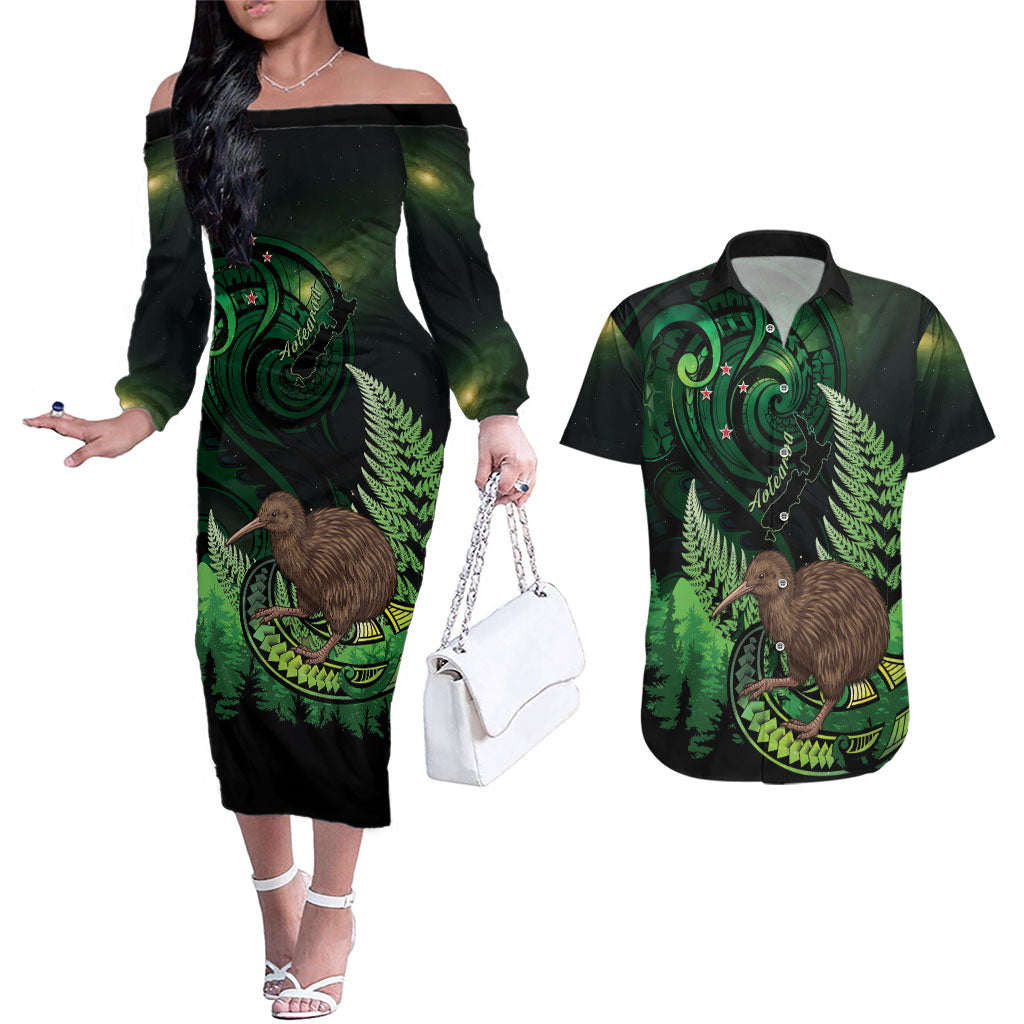 Kiwi New Zealand Personalised Couples Matching Off The Shoulder Long Sleeve Dress and Hawaiian Shirt Aotearoa Map Silver Fern Koru Pattern LT22 Green - Polynesian Pride