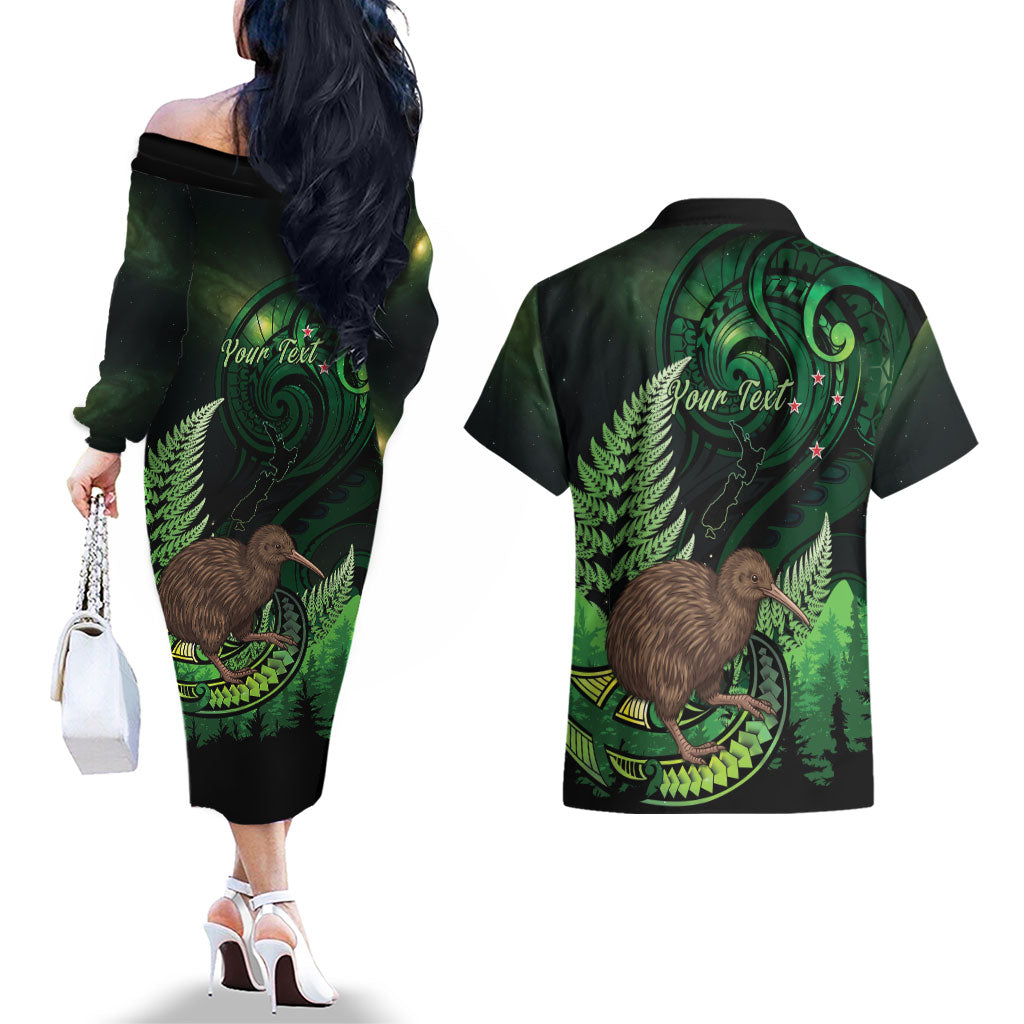 Kiwi New Zealand Personalised Couples Matching Off The Shoulder Long Sleeve Dress and Hawaiian Shirt Aotearoa Map Silver Fern Koru Pattern LT22 - Polynesian Pride
