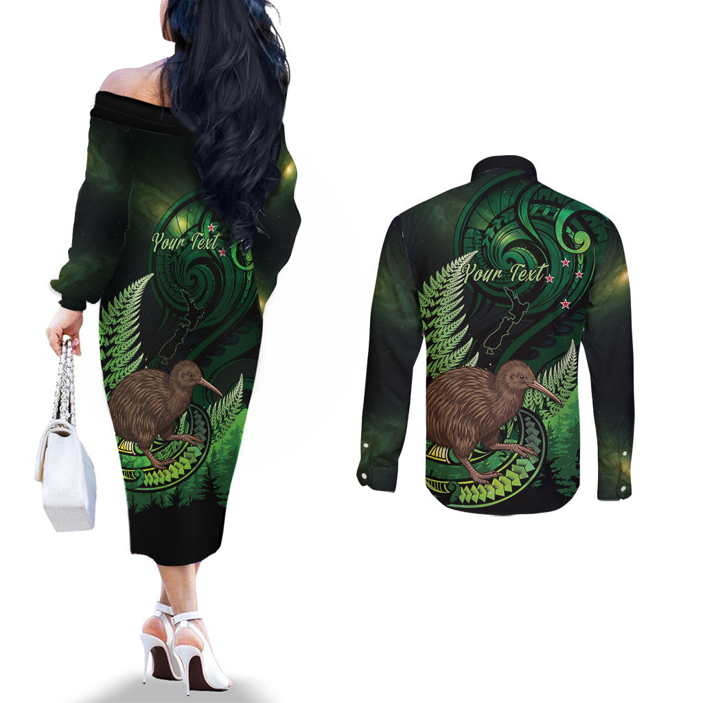 Kiwi New Zealand Personalised Couples Matching Off The Shoulder Long Sleeve Dress and Long Sleeve Button Shirt Aotearoa Map Silver Fern Koru Pattern LT22 - Polynesian Pride