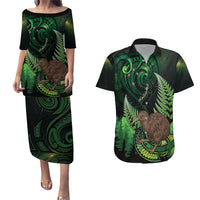 Kiwi New Zealand Personalised Couples Matching Puletasi and Hawaiian Shirt Aotearoa Map Silver Fern Koru Pattern LT22 Green - Polynesian Pride
