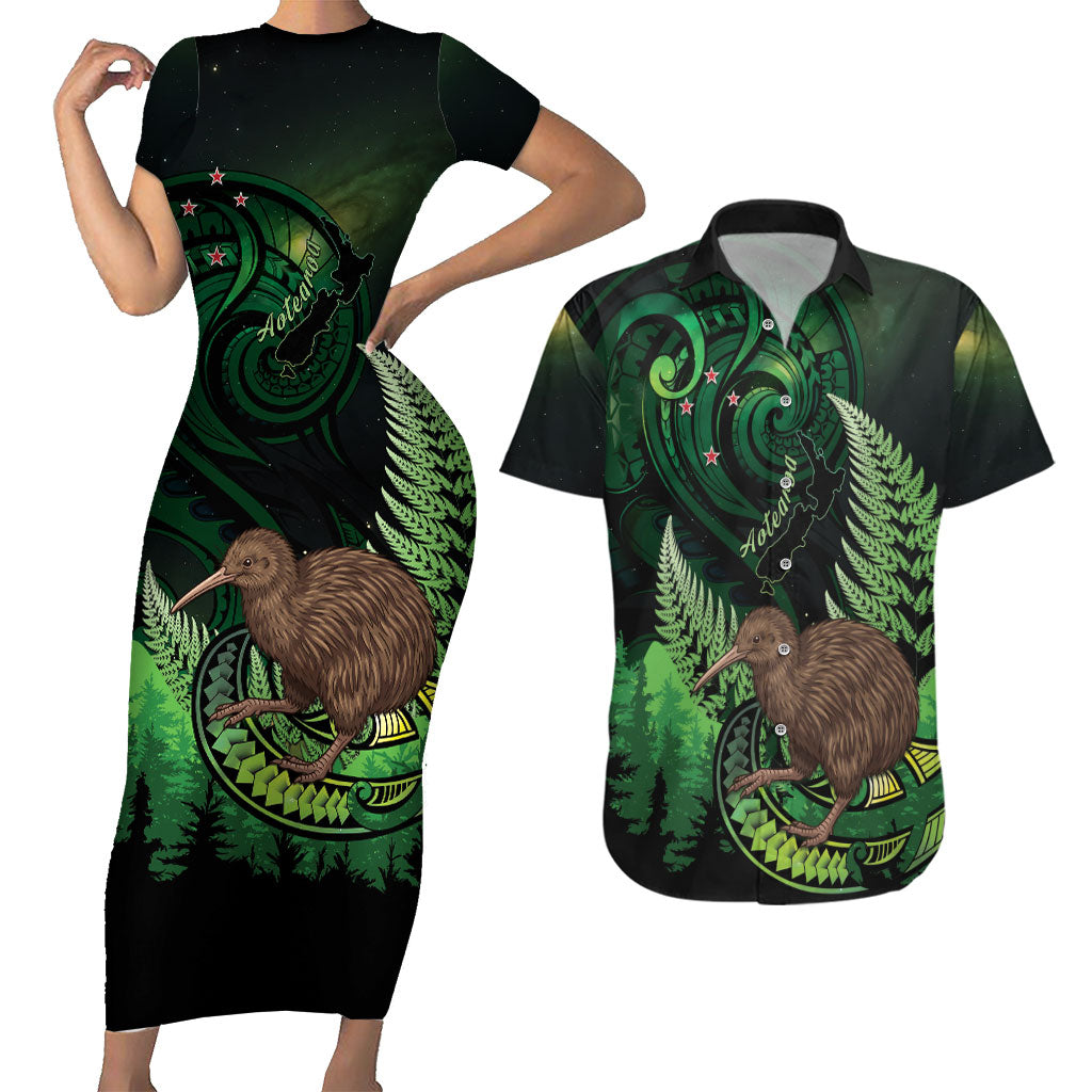Kiwi New Zealand Personalised Couples Matching Short Sleeve Bodycon Dress and Hawaiian Shirt Aotearoa Map Silver Fern Koru Pattern LT22 Green - Polynesian Pride