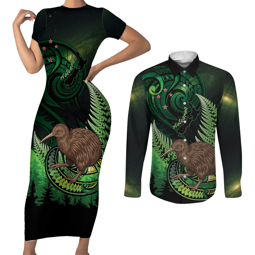 Kiwi New Zealand Personalised Couples Matching Short Sleeve Bodycon Dress and Long Sleeve Button Shirt Aotearoa Map Silver Fern Koru Pattern LT22 Green - Polynesian Pride