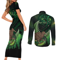 Kiwi New Zealand Personalised Couples Matching Short Sleeve Bodycon Dress and Long Sleeve Button Shirt Aotearoa Map Silver Fern Koru Pattern LT22 - Polynesian Pride