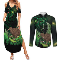 Kiwi New Zealand Personalised Couples Matching Summer Maxi Dress and Long Sleeve Button Shirt Aotearoa Map Silver Fern Koru Pattern LT22 Green - Polynesian Pride