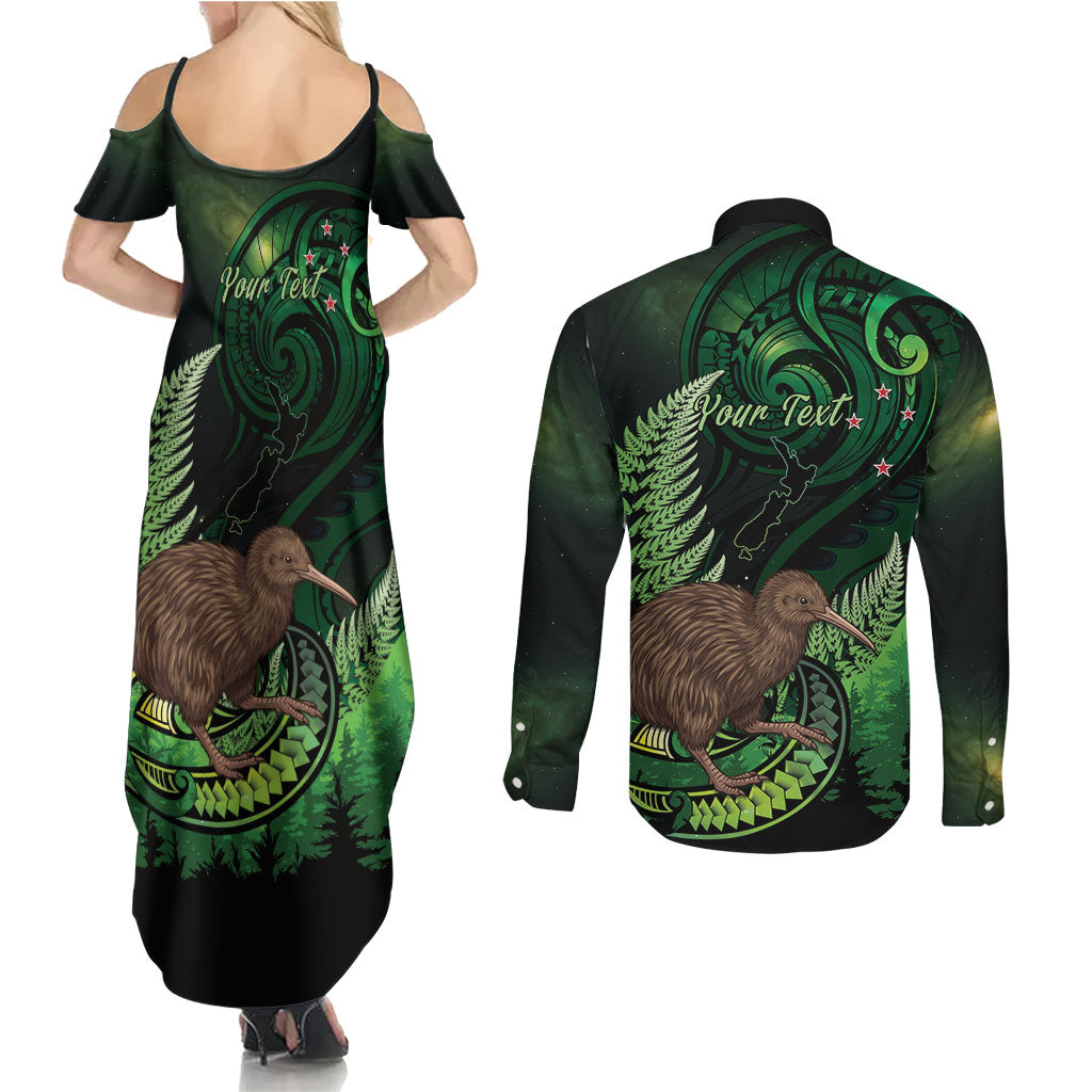 Kiwi New Zealand Personalised Couples Matching Summer Maxi Dress and Long Sleeve Button Shirt Aotearoa Map Silver Fern Koru Pattern LT22 - Polynesian Pride