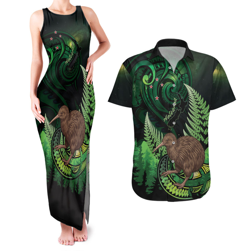 Kiwi New Zealand Personalised Couples Matching Tank Maxi Dress and Hawaiian Shirt Aotearoa Map Silver Fern Koru Pattern LT22 Green - Polynesian Pride