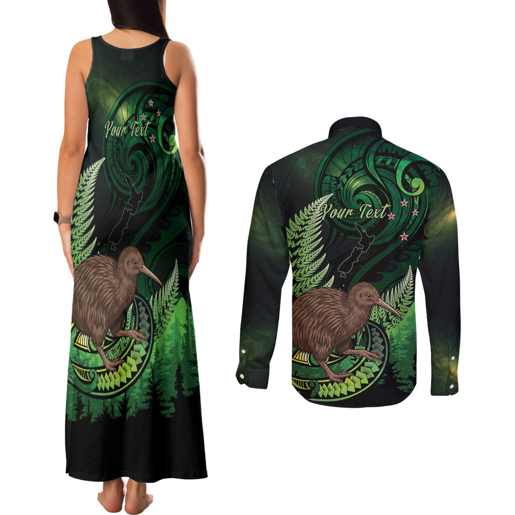 Kiwi New Zealand Personalised Couples Matching Tank Maxi Dress and Long Sleeve Button Shirt Aotearoa Map Silver Fern Koru Pattern LT22 - Polynesian Pride