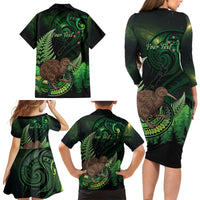 Kiwi New Zealand Personalised Family Matching Long Sleeve Bodycon Dress and Hawaiian Shirt Aotearoa Map Silver Fern Koru Pattern LT22 - Polynesian Pride