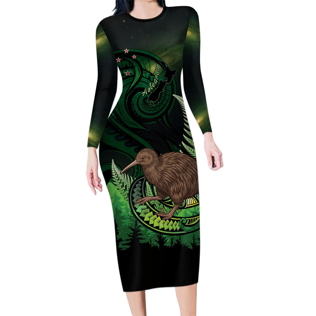 Kiwi New Zealand Personalised Family Matching Long Sleeve Bodycon Dress and Hawaiian Shirt Aotearoa Map Silver Fern Koru Pattern LT22 Mom's Dress Green - Polynesian Pride