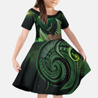 Kiwi New Zealand Personalised Family Matching Off The Shoulder Long Sleeve Dress and Hawaiian Shirt Aotearoa Map Silver Fern Koru Pattern LT22 Daughter's Dress Green - Polynesian Pride