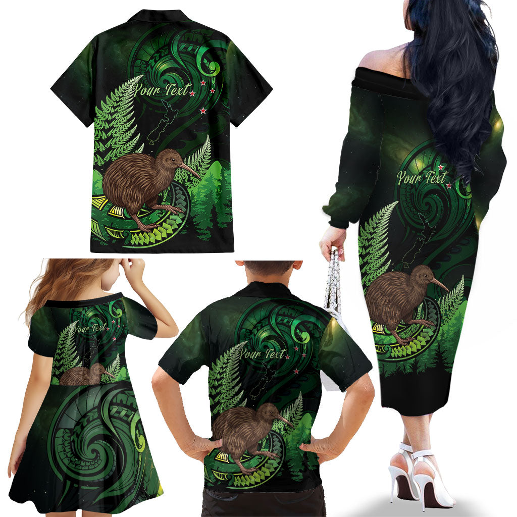 Kiwi New Zealand Personalised Family Matching Off The Shoulder Long Sleeve Dress and Hawaiian Shirt Aotearoa Map Silver Fern Koru Pattern LT22 - Polynesian Pride