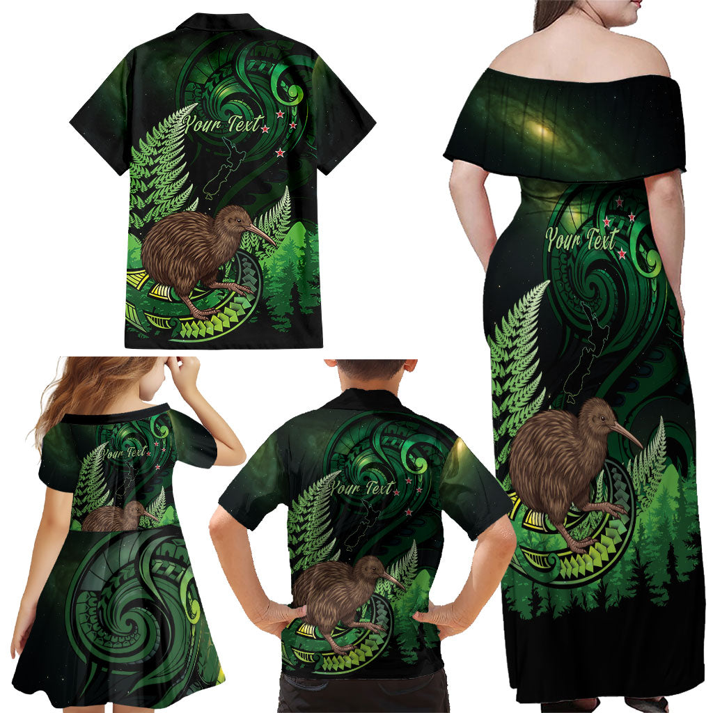 Kiwi New Zealand Personalised Family Matching Off Shoulder Maxi Dress and Hawaiian Shirt Aotearoa Map Silver Fern Koru Pattern LT22 - Polynesian Pride