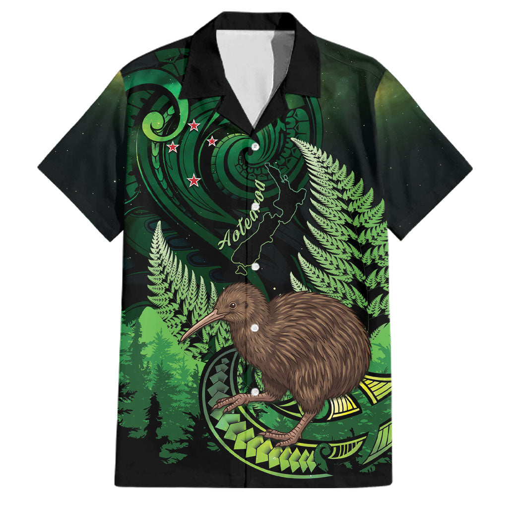 Kiwi New Zealand Personalised Family Matching Off Shoulder Maxi Dress and Hawaiian Shirt Aotearoa Map Silver Fern Koru Pattern LT22 Dad's Shirt - Short Sleeve Green - Polynesian Pride