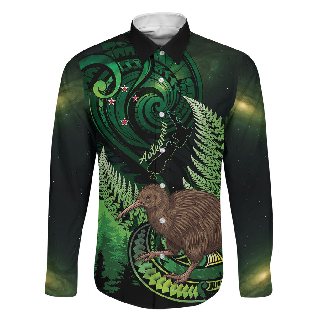 Kiwi New Zealand Personalised Family Matching Off Shoulder Maxi Dress and Hawaiian Shirt Aotearoa Map Silver Fern Koru Pattern LT22 Dad's Shirt - Long Sleeve Green - Polynesian Pride