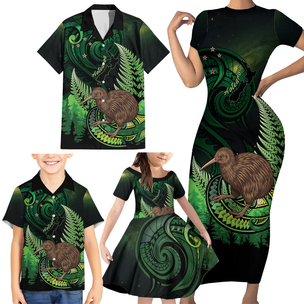 Kiwi New Zealand Personalised Family Matching Short Sleeve Bodycon Dress and Hawaiian Shirt Aotearoa Map Silver Fern Koru Pattern LT22 - Polynesian Pride