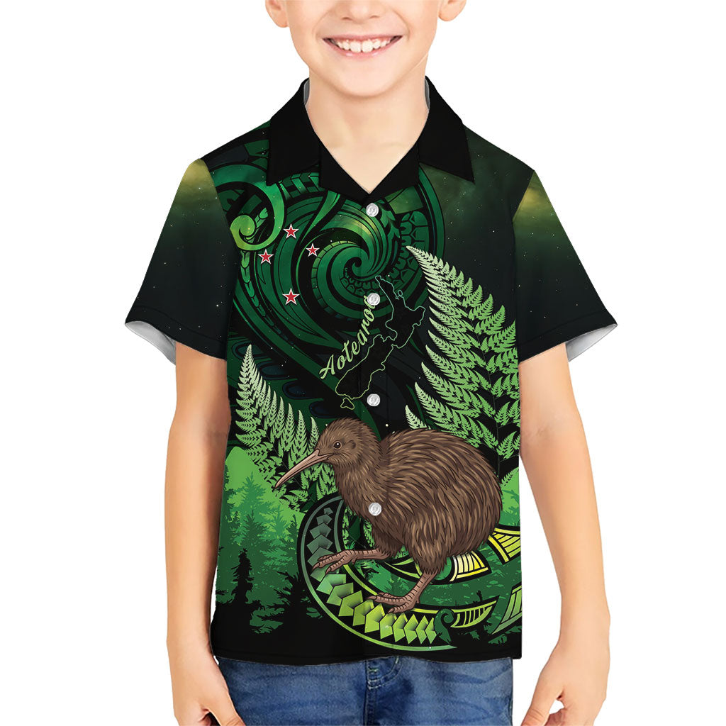 Kiwi New Zealand Personalised Family Matching Summer Maxi Dress and Hawaiian Shirt Aotearoa Map Silver Fern Koru Pattern LT22 Son's Shirt Green - Polynesian Pride