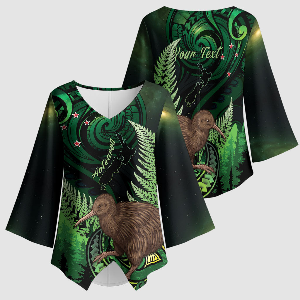 Kiwi New Zealand Personalised Kimono Sleeve Blouse Aotearoa Map Silver Fern Koru Pattern