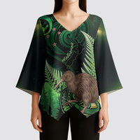 Kiwi New Zealand Personalised Kimono Sleeve Blouse Aotearoa Map Silver Fern Koru Pattern