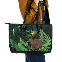 Kiwi New Zealand Personalised Leather Tote Bag Aotearoa Map Silver Fern Koru Pattern