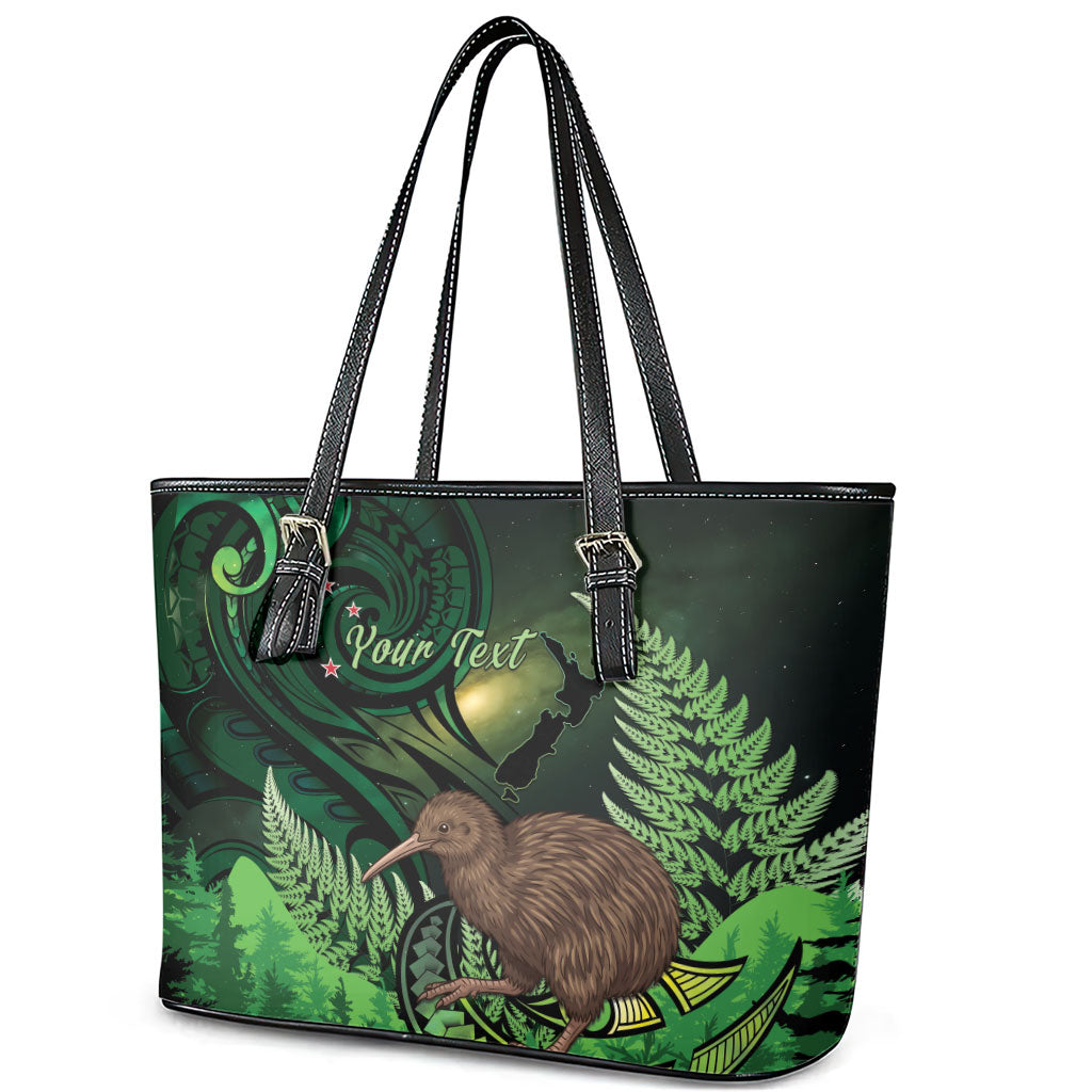 Kiwi New Zealand Personalised Leather Tote Bag Aotearoa Map Silver Fern Koru Pattern