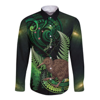 Kiwi New Zealand Personalised Long Sleeve Button Shirt Aotearoa Map Silver Fern Koru Pattern