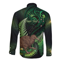 Kiwi New Zealand Personalised Long Sleeve Button Shirt Aotearoa Map Silver Fern Koru Pattern