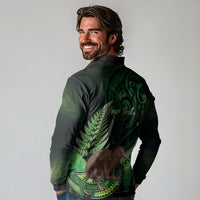Kiwi New Zealand Personalised Long Sleeve Polo Shirt Aotearoa Map Silver Fern Koru Pattern