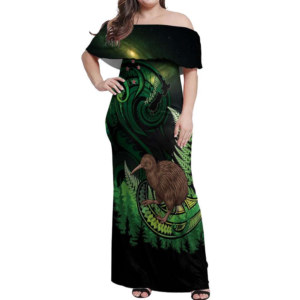 Kiwi New Zealand Personalised Off Shoulder Maxi Dress Aotearoa Map Silver Fern Koru Pattern LT22 Women Green - Polynesian Pride