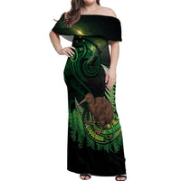 Kiwi New Zealand Personalised Off Shoulder Maxi Dress Aotearoa Map Silver Fern Koru Pattern LT22 Women Green - Polynesian Pride