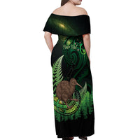 Kiwi New Zealand Personalised Off Shoulder Maxi Dress Aotearoa Map Silver Fern Koru Pattern LT22 - Polynesian Pride