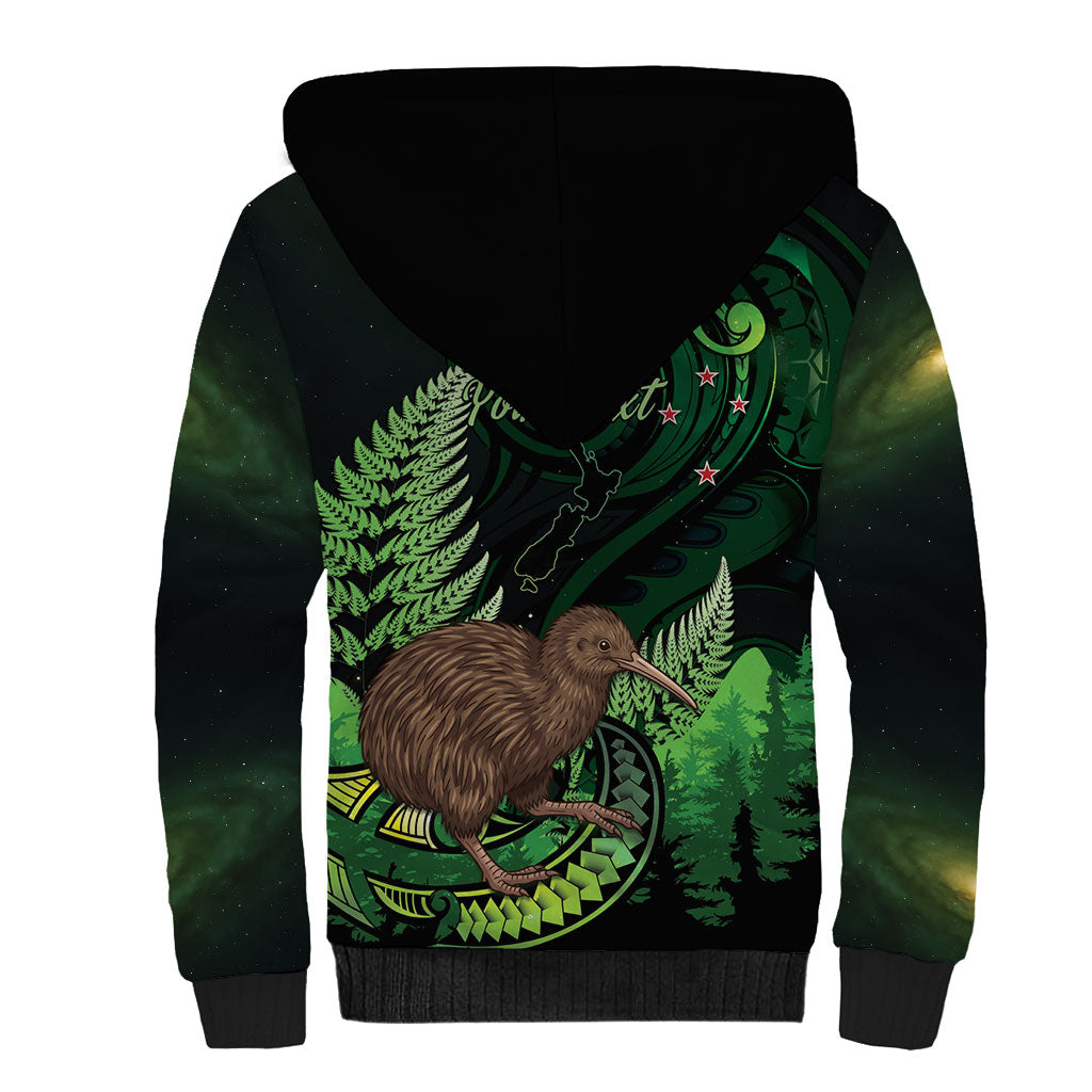 Kiwi New Zealand Personalised Sherpa Hoodie Aotearoa Map Silver Fern Koru Pattern
