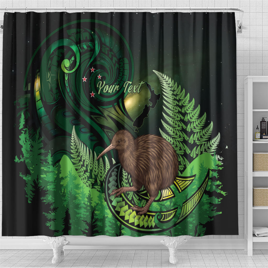 Kiwi New Zealand Personalised Shower Curtain Aotearoa Map Silver Fern Koru Pattern