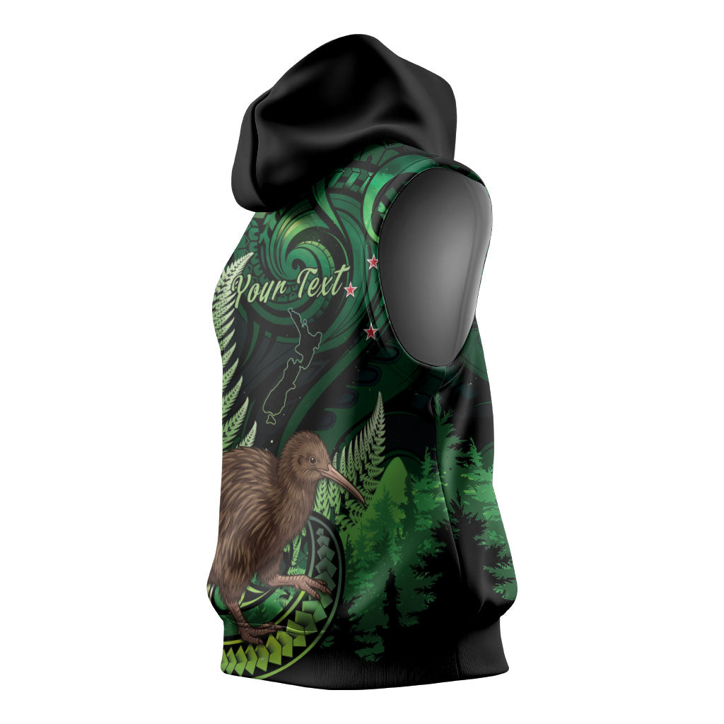 Kiwi New Zealand Personalised Sleeveless Hoodie Aotearoa Map Silver Fern Koru Pattern